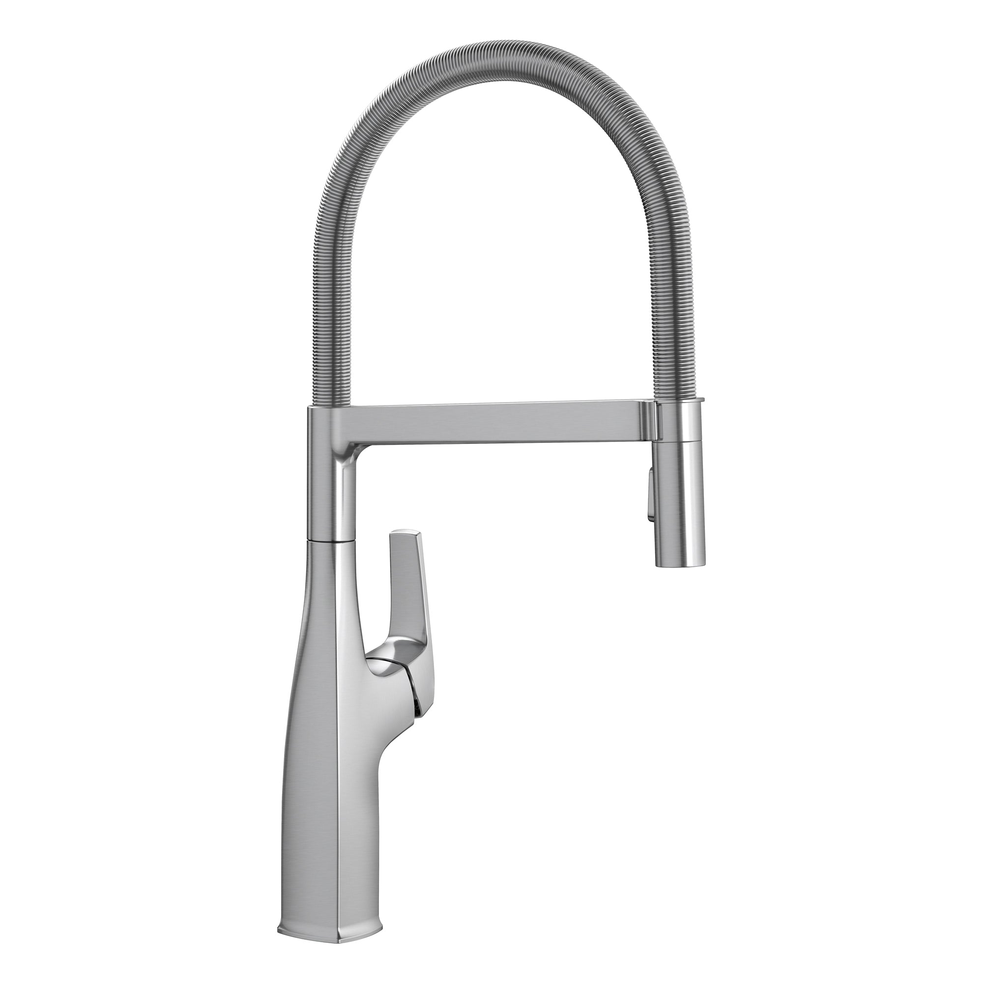 Steel semi-pro kitchen faucet with high arc flexible hose, single lever handle, and PVD finish.