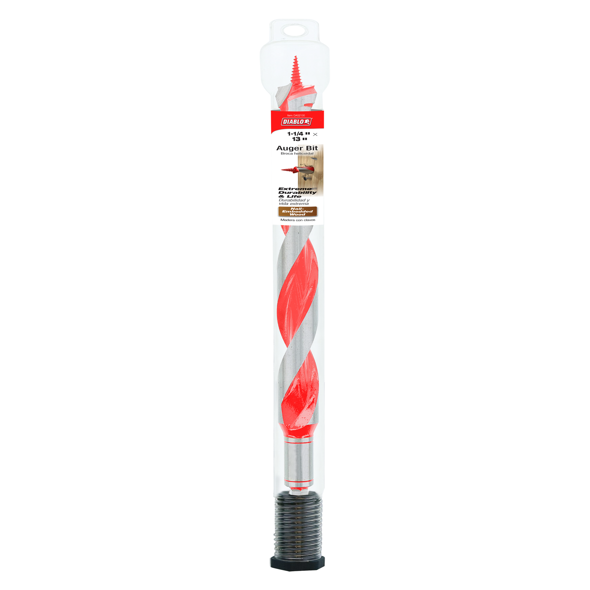 Red and gray Diablo auger bit with spiral flutes and threaded shank, displayed in clear packaging.