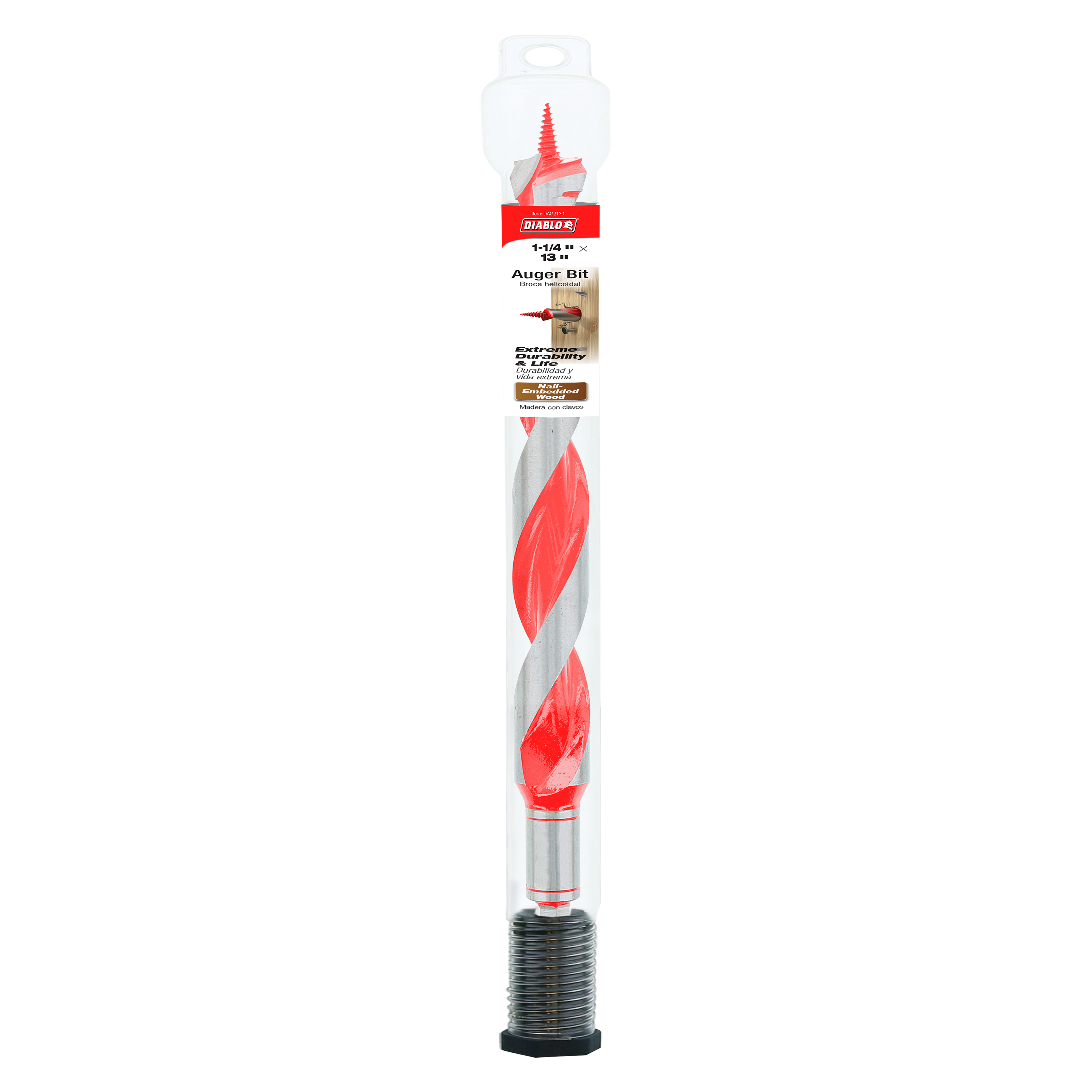 Red and gray Diablo auger bit with spiral flutes and threaded shank, displayed in clear packaging.