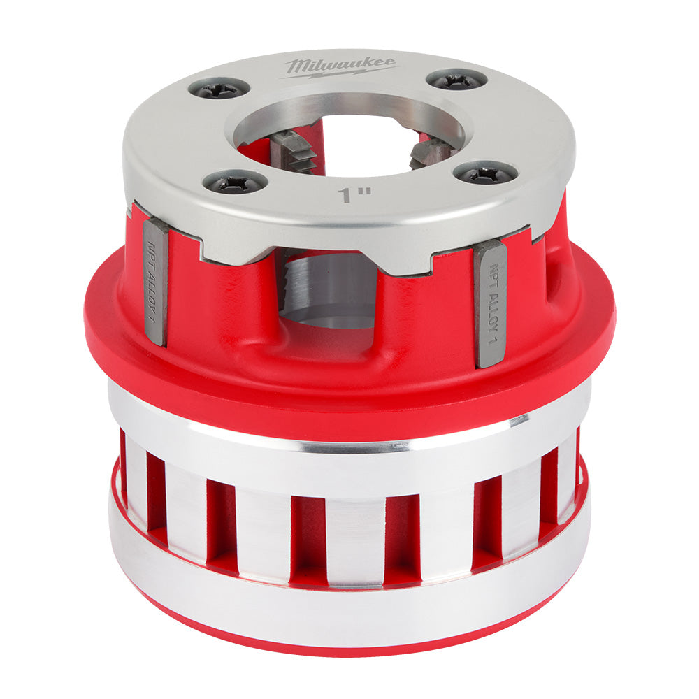 Milwaukee 1" aluminum pipe threading die head with red and silver components and four mounting holes.