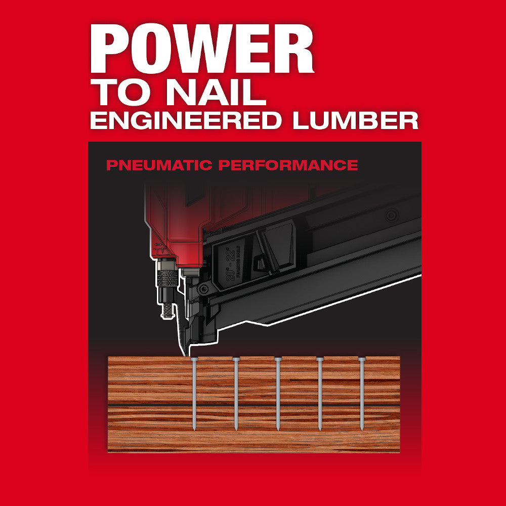 Milwaukee M18 FUEL framing nailer with cross-section diagram showing nail penetration into engineered lumber.