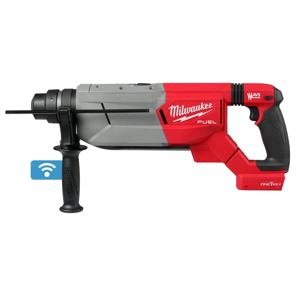 Red and gray Milwaukee M18 FUEL rotary hammer with D-handle, SDS Plus chuck, and ONE-KEY connectivity badge visible on side.