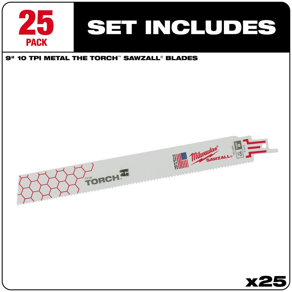 Milwaukee 9-inch 10 TPI The Torch Sawzall blade with red honeycomb pattern and red mounting head.