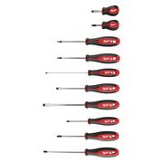 Ten Milwaukee screwdrivers with red and black handles and various slotted and Phillips head tips arranged vertically.