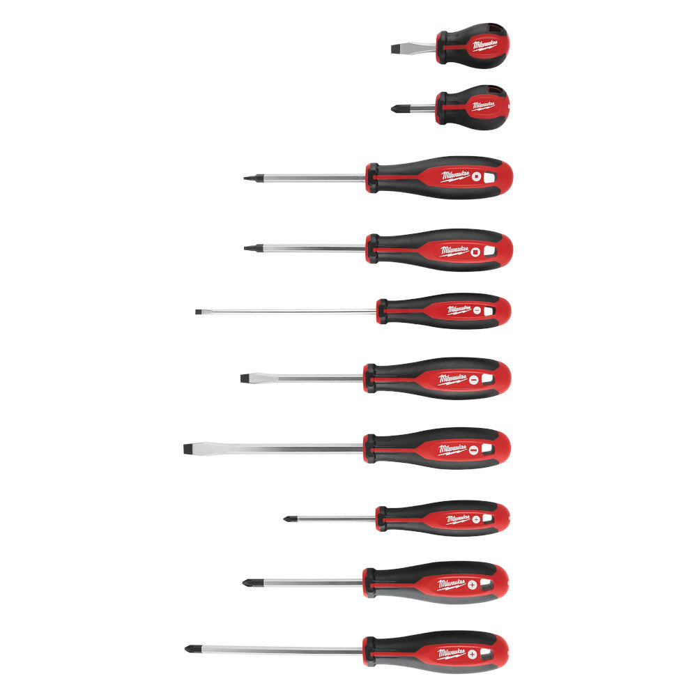 Ten Milwaukee screwdrivers with red and black handles and various slotted and Phillips head tips arranged vertically.