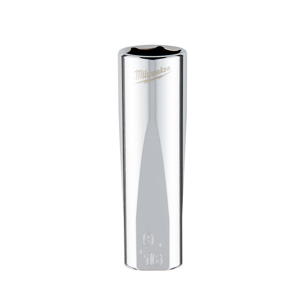 Milwaukee 3/8 in. drive 9/16 in. SAE 6-point deep socket with chrome finish and black top.