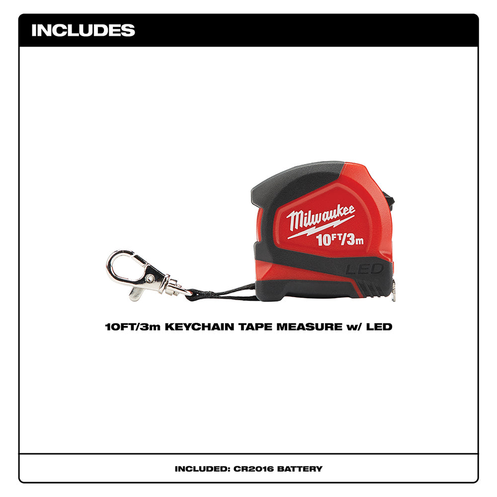 Red and black keychain tape measure with LED light and carabiner clip attachment.