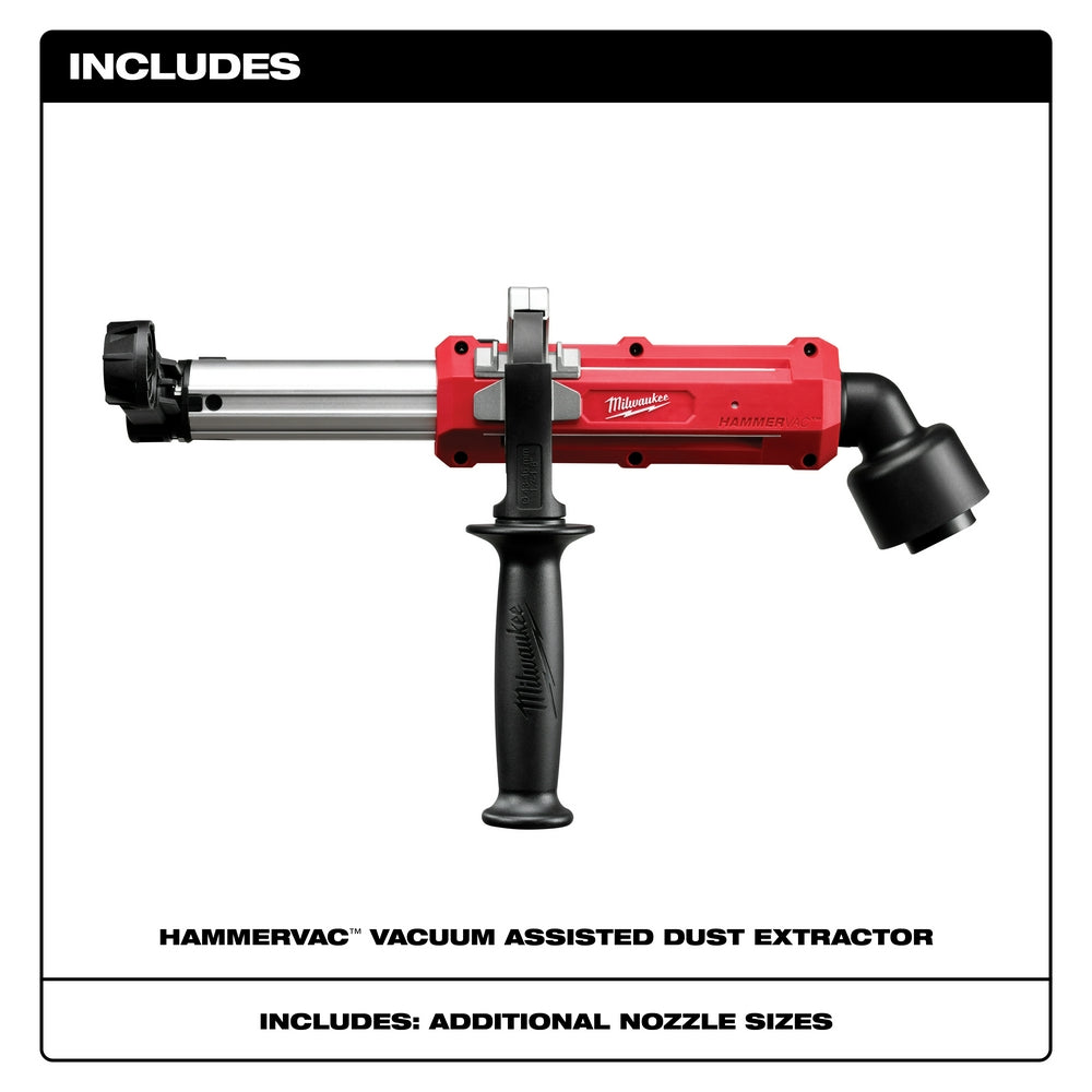 Red and black Milwaukee Hammervac vacuum-assisted dust extractor with cylindrical body, black handle, and interchangeable noz
