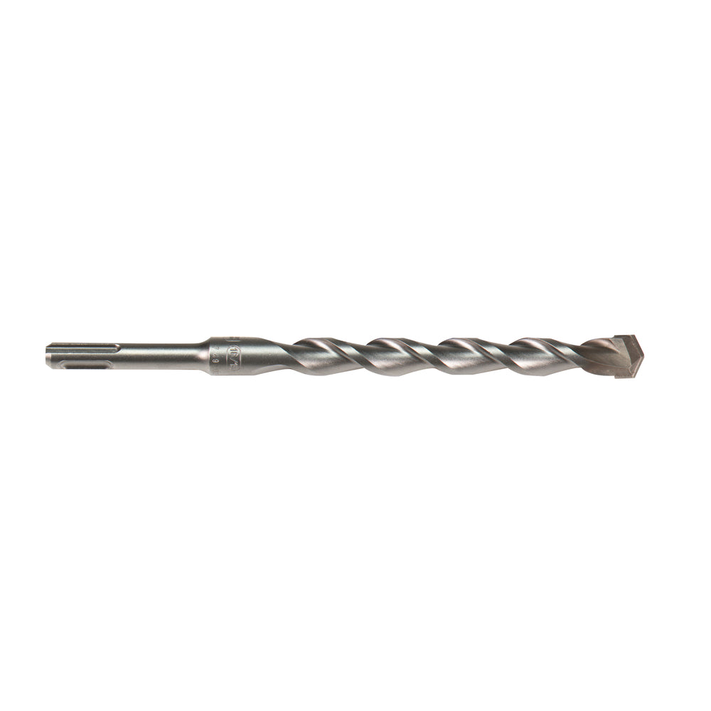 Milwaukee SDS-Plus drill bit with two-cutter carbide tip and spiral flutes on metal shaft.