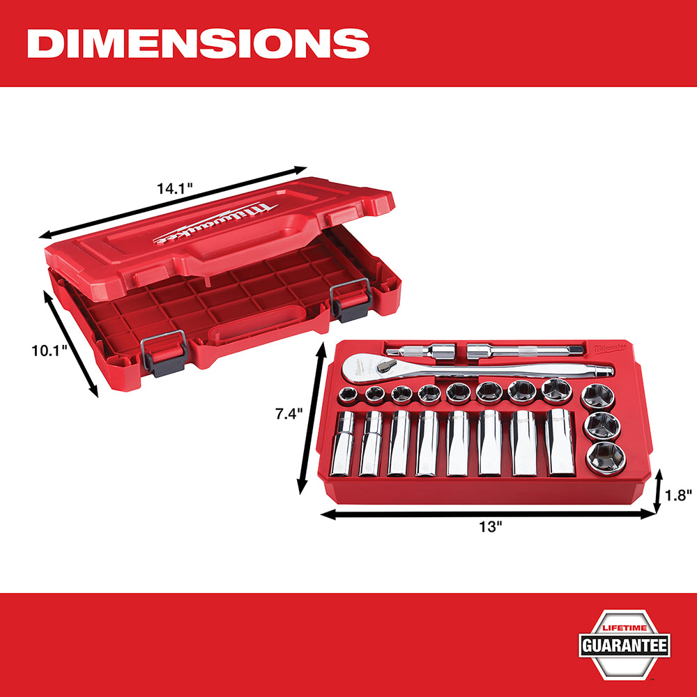 Red Milwaukee 22-piece 1/2 inch SAE socket wrench set with organized storage case and metal tools.