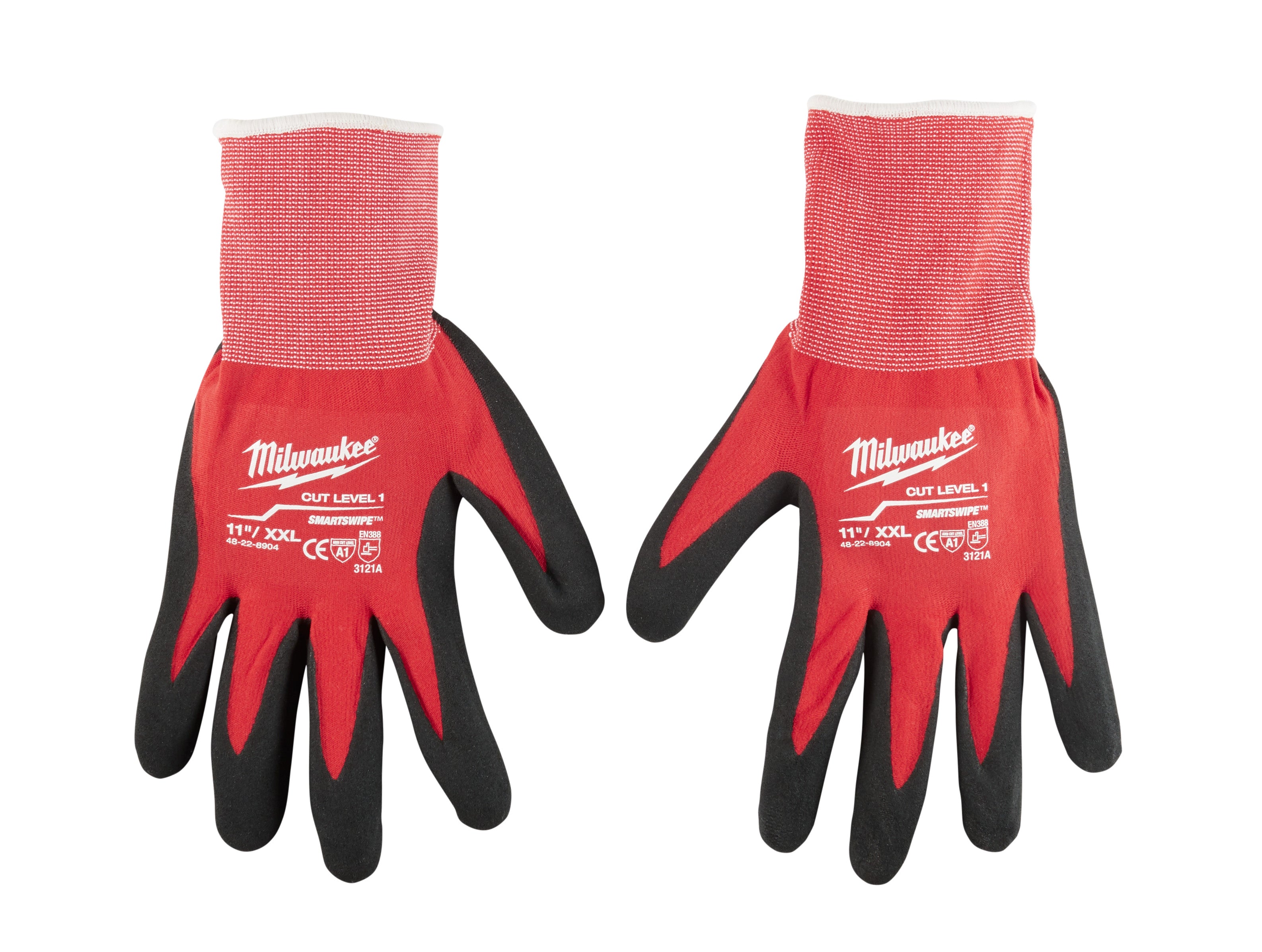 Red and black nitrile dipped work gloves with white ribbed cuffs, displayed as a pair.
