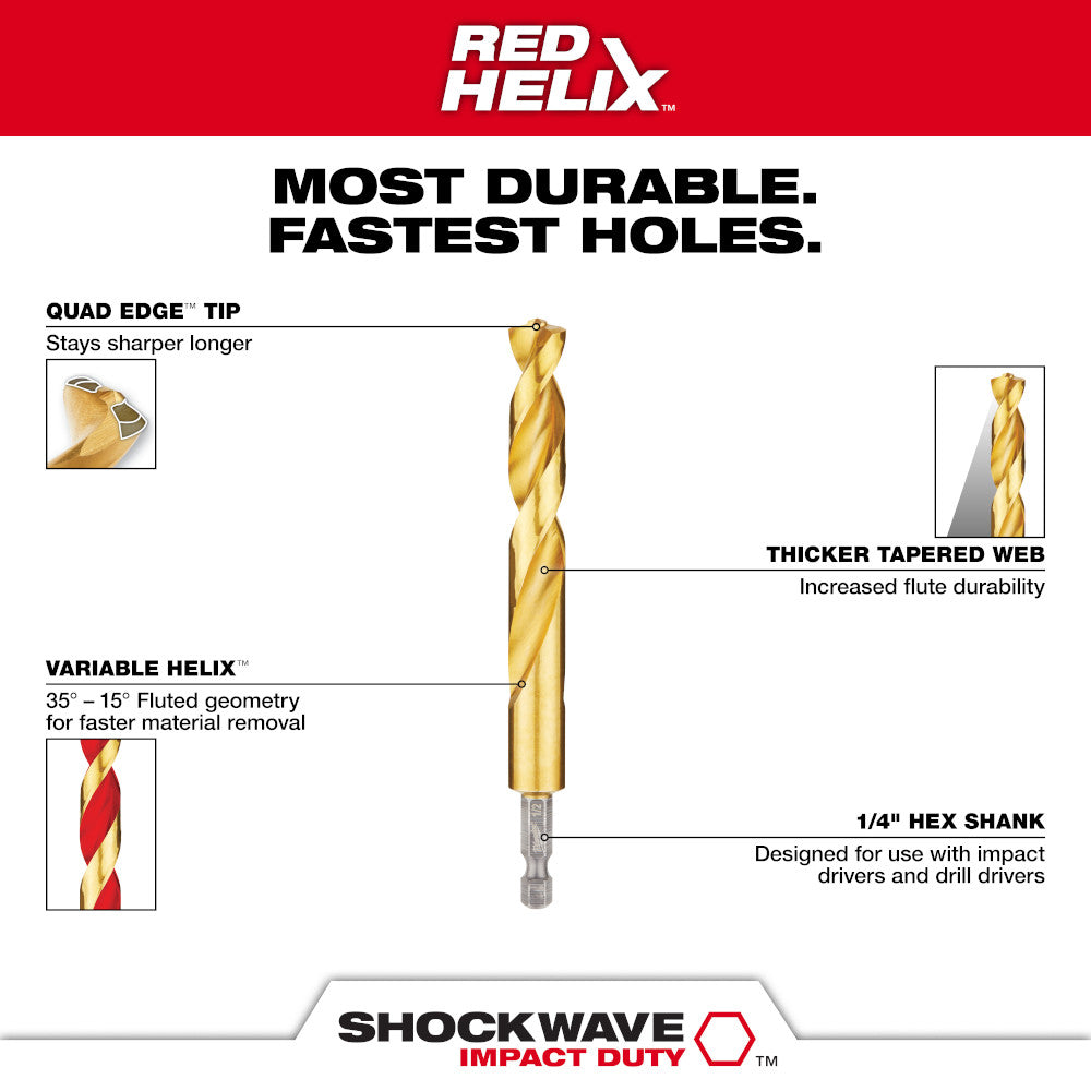 Gold-colored twist drill bit with hex shank and variable helix flute geometry for material removal.