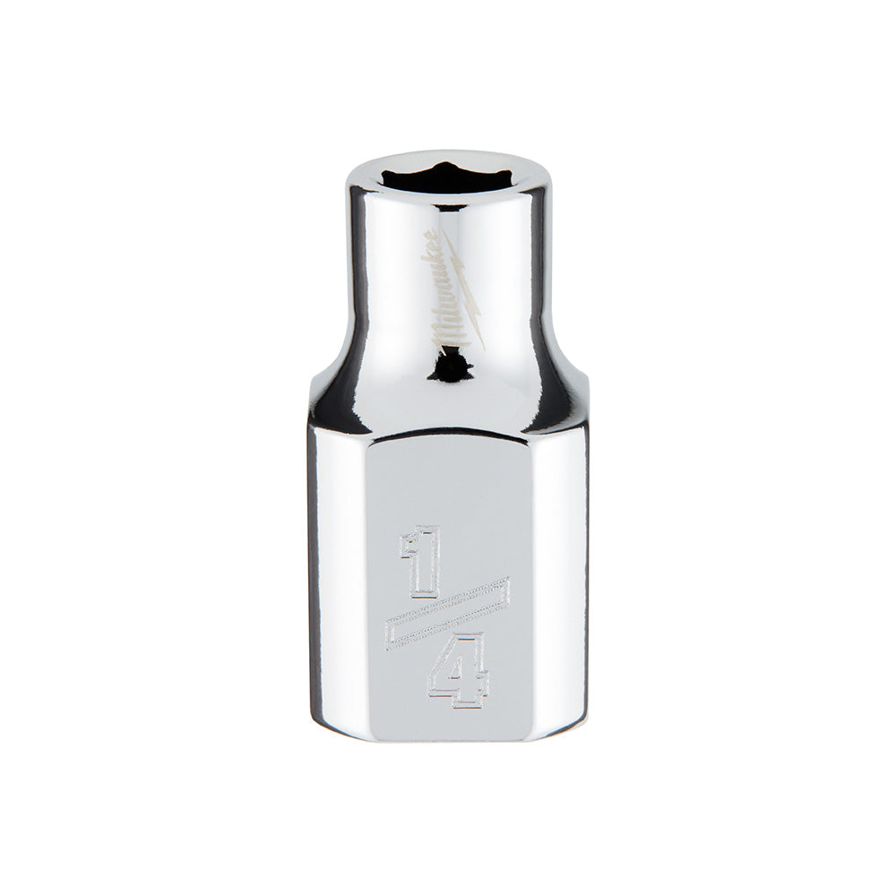 Chrome socket with 6-point hex opening and size markings on cylindrical body.