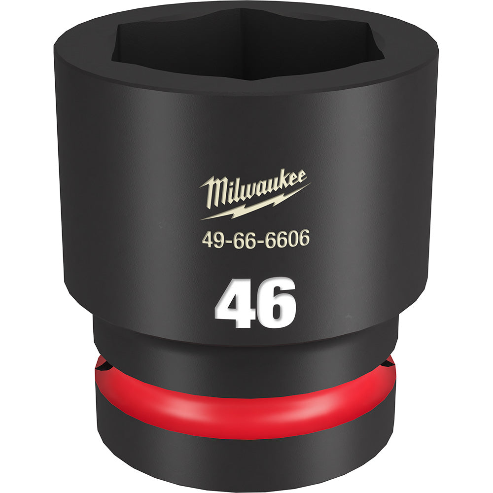 Milwaukee Shockwave 46MM black socket with red grip band and hexagonal opening.