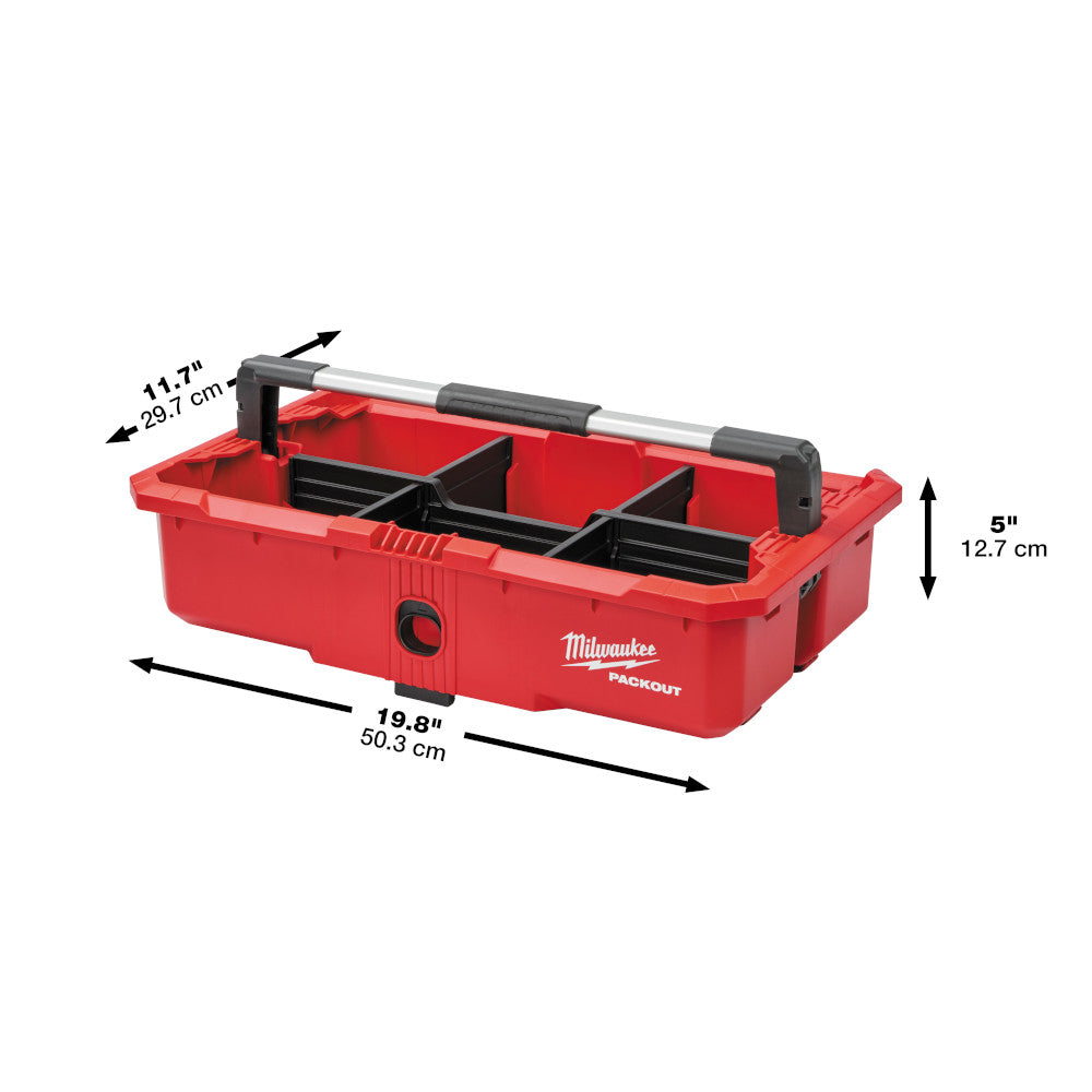 Red plastic tool tray with black dividers, handles, and carrying handles across the top.