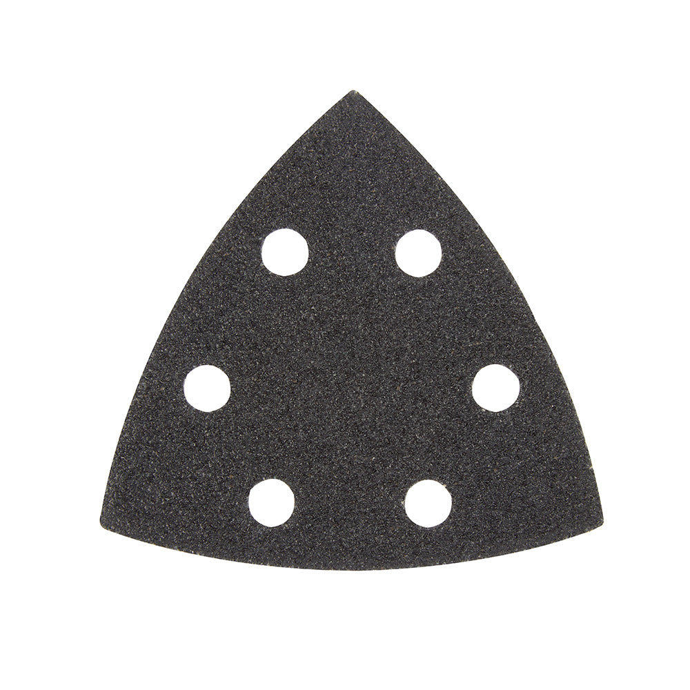 Dark gray triangular sandpaper sheet with six evenly spaced white circular holes for dust extraction.