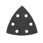 Dark gray triangular sandpaper sheet with six evenly spaced white circular holes for dust extraction.