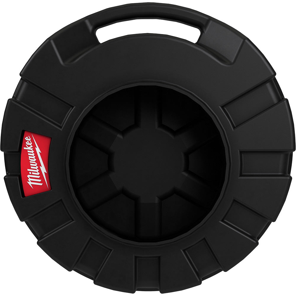 Black plastic Milwaukee cable container with handle and compartmented interior for organizing sectional cable.