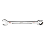 Silver ratcheting combination wrench with 3/4 in. open end and ratchet head, marked with red size indicators.