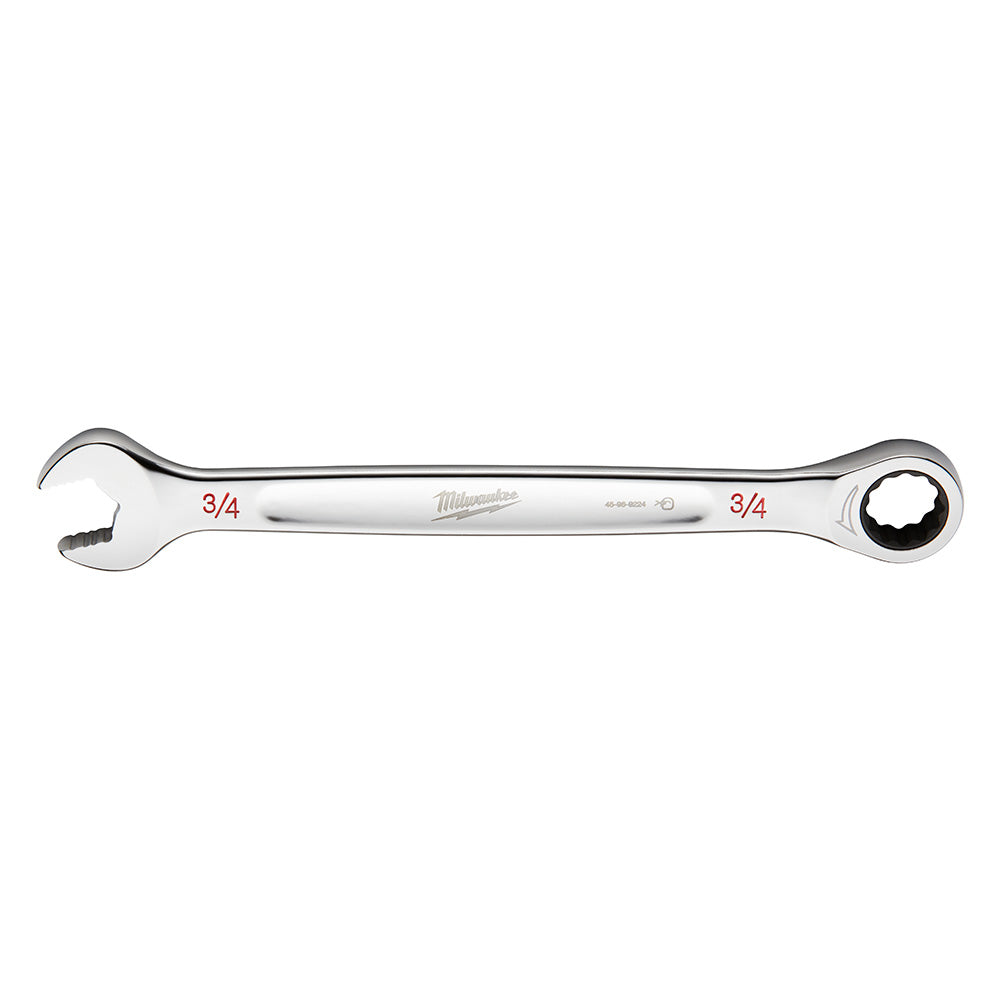 Silver ratcheting combination wrench with 3/4 in. open end and ratchet head, marked with red size indicators.