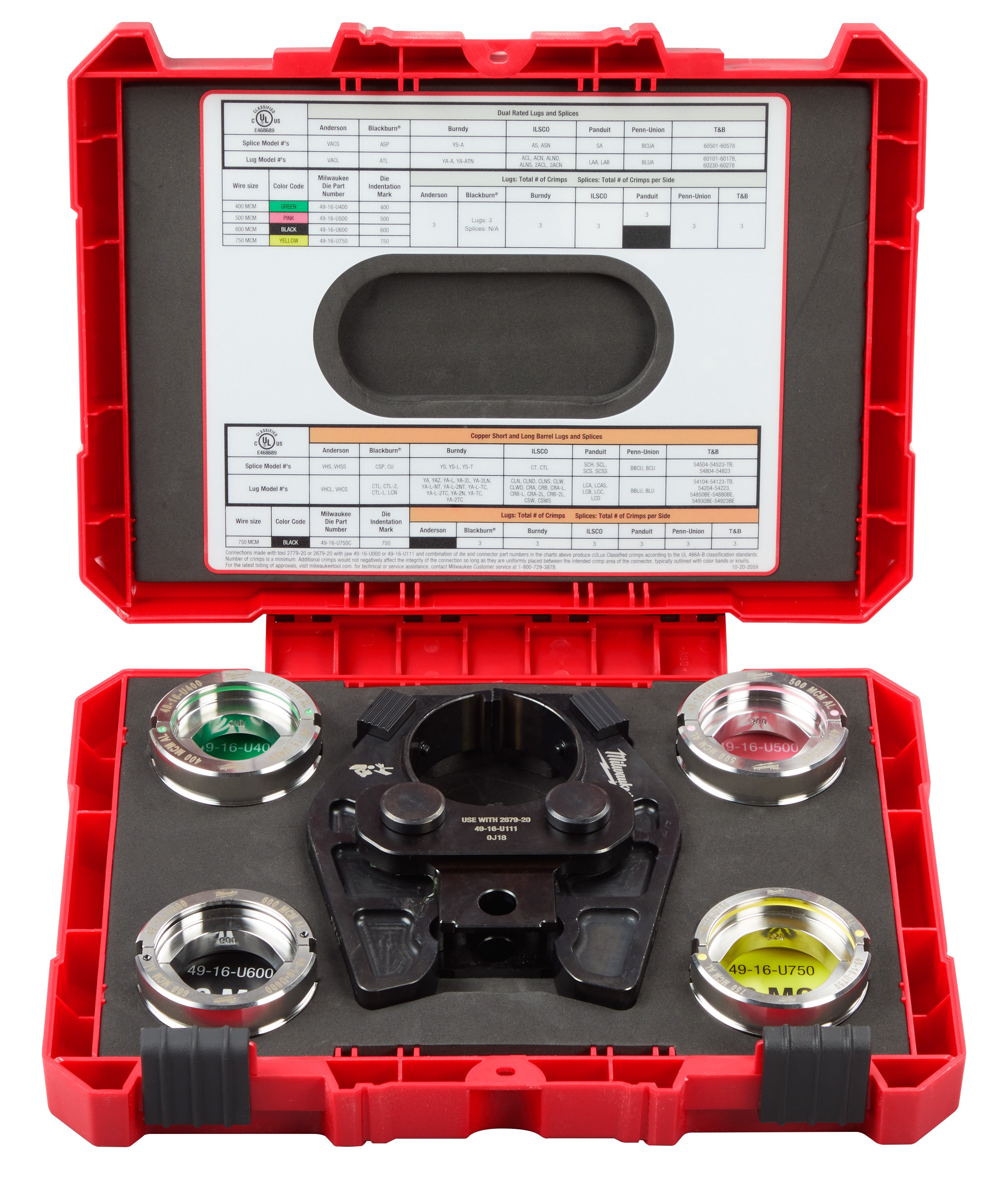 Red case containing crimping jaw with four interchangeable dies labeled for different wire gauges and materials.