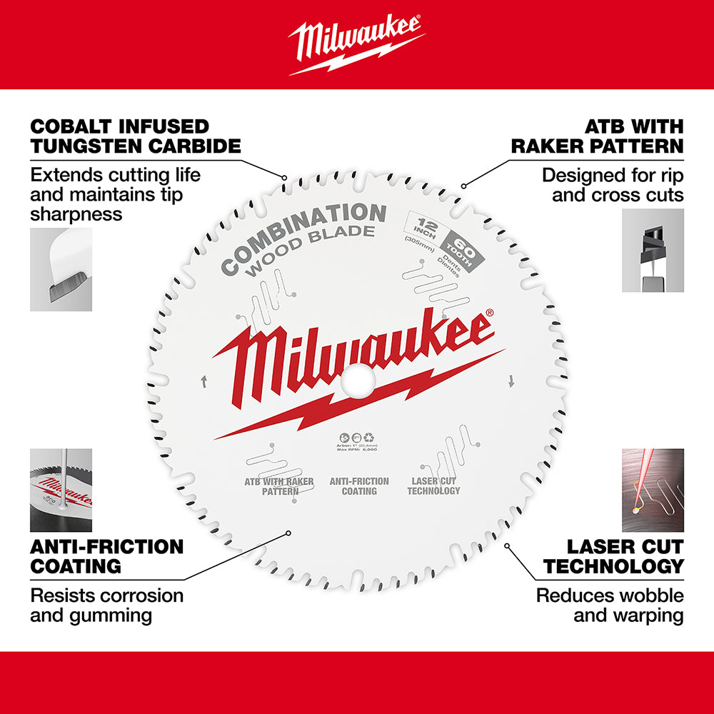 Milwaukee 12-inch circular saw blade with 60 teeth, featuring cobalt tungsten carbide and ATB raker tooth pattern on white ba