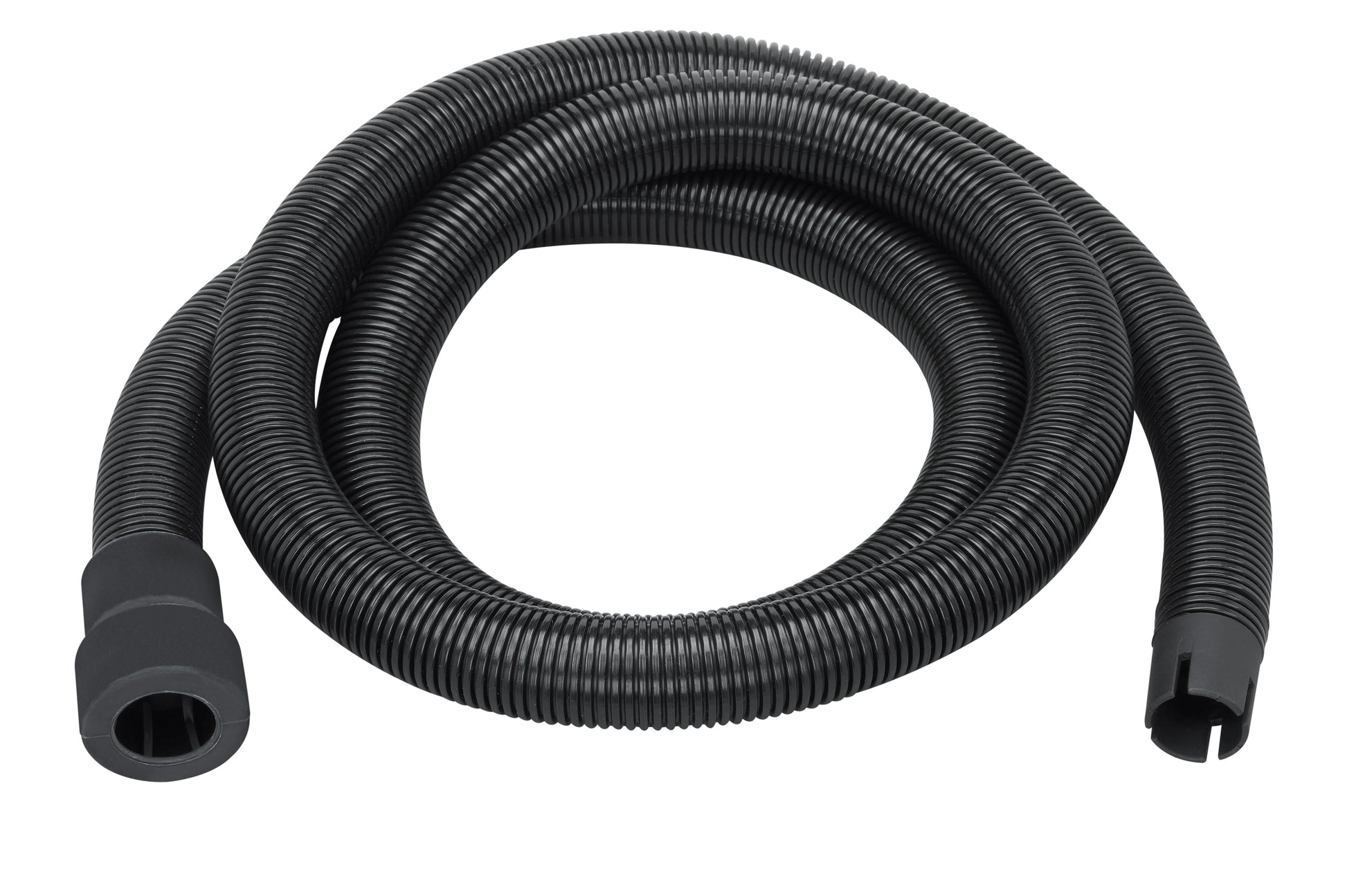 Black flexible vacuum hose with ribbed construction and molded connectors on both ends.