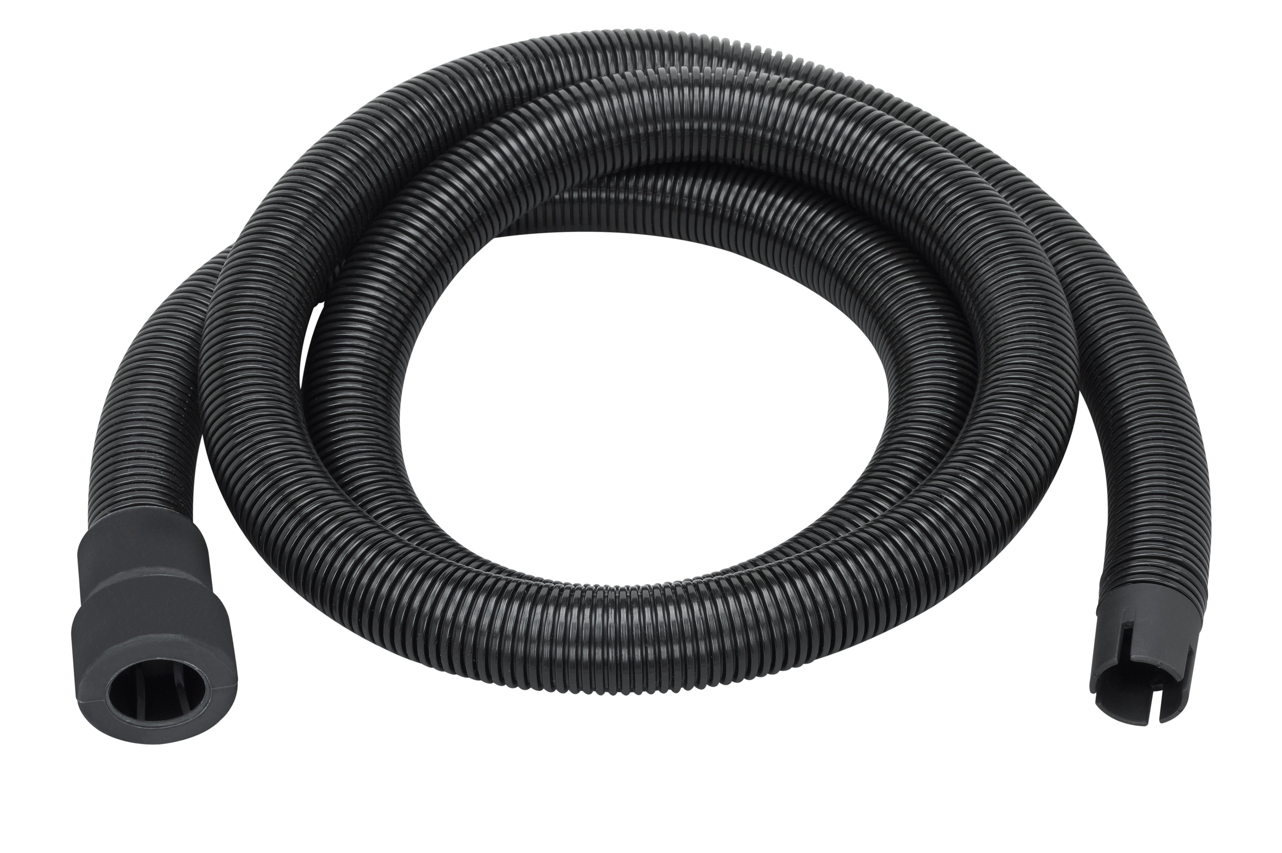 Black flexible vacuum hose with ribbed construction and molded connectors on both ends.