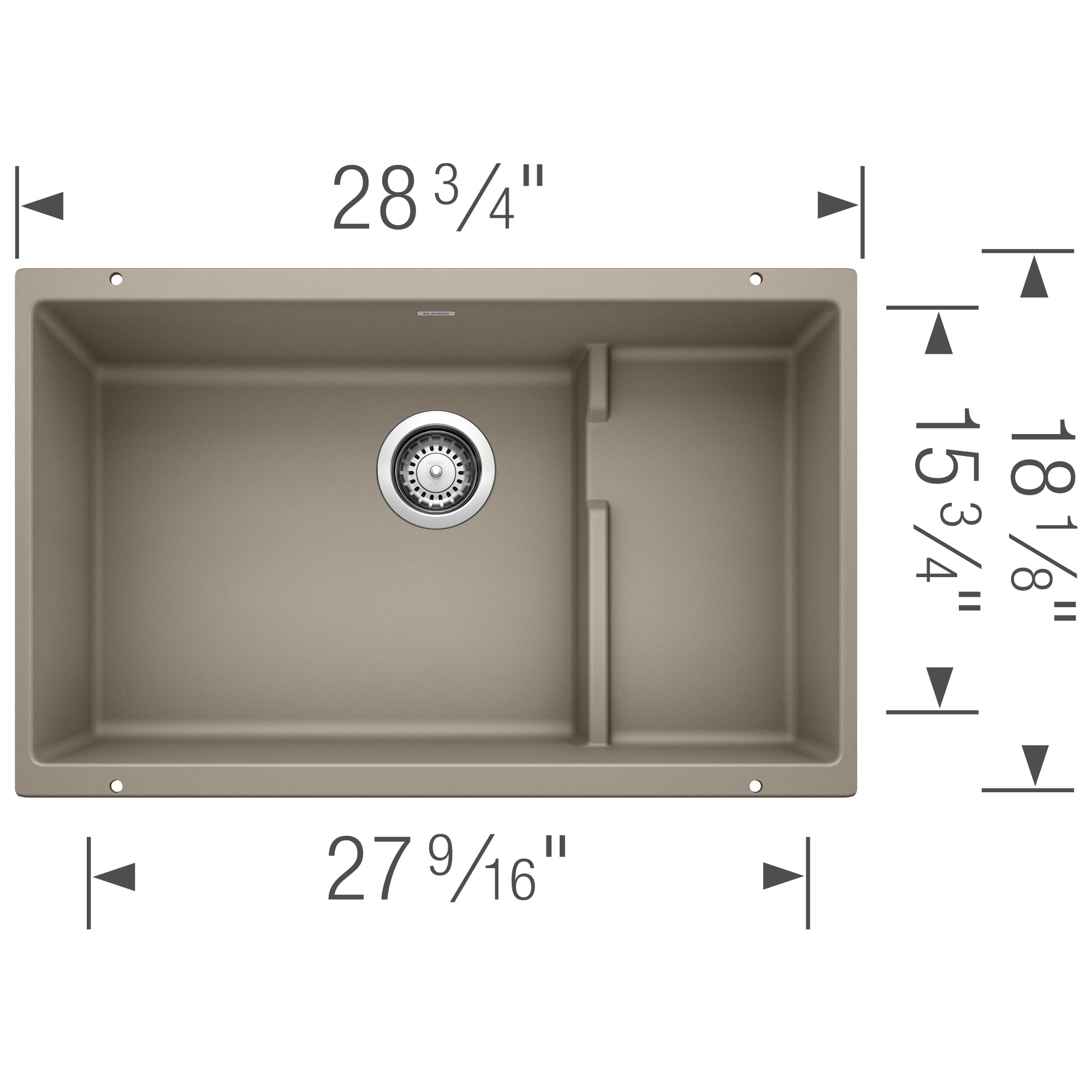 Truffle undermount kitchen sink with single basin and drain, 28 3/4" wide by 27 9/16" deep.