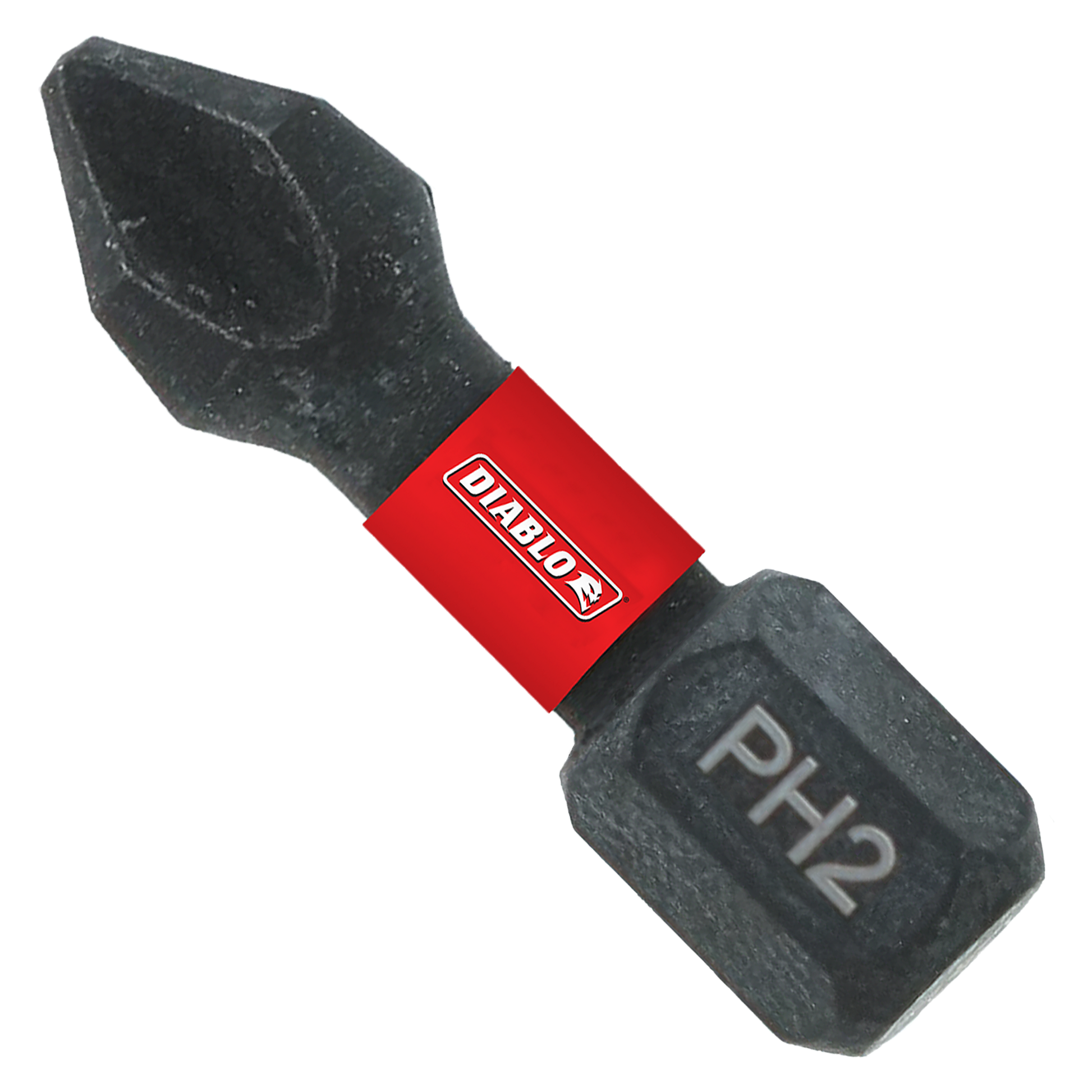 Two black Phillips drive bits with red Diablo brand collar, marked PH2, 1 inch length.