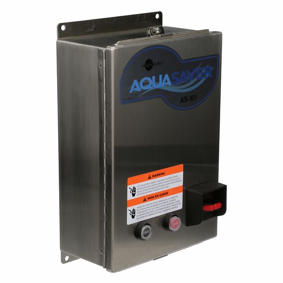 Stainless steel InSinkErator Aqua Saver control system with blue logo, warning labels, and red and pink button controls mount