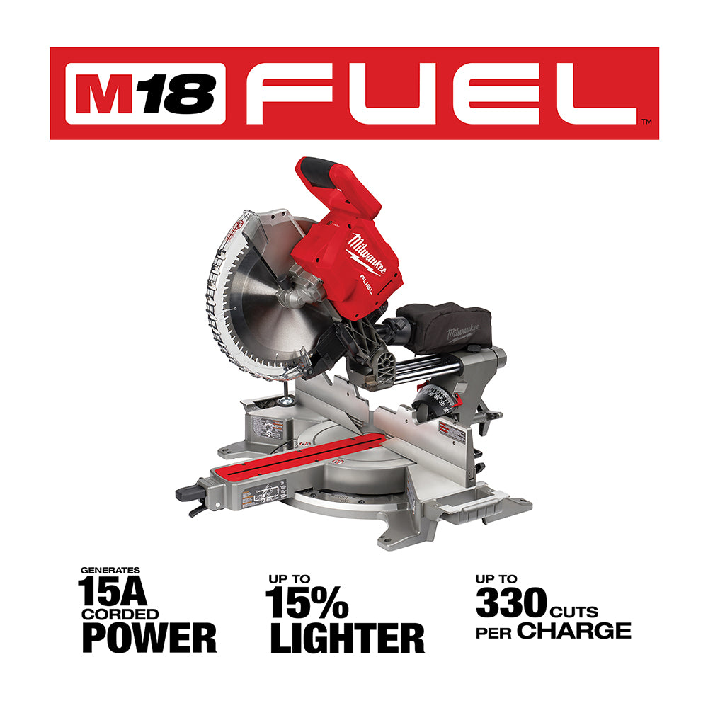 Red and gray M18 FUEL dual bevel sliding compound miter saw with 12-inch circular blade and black handle.