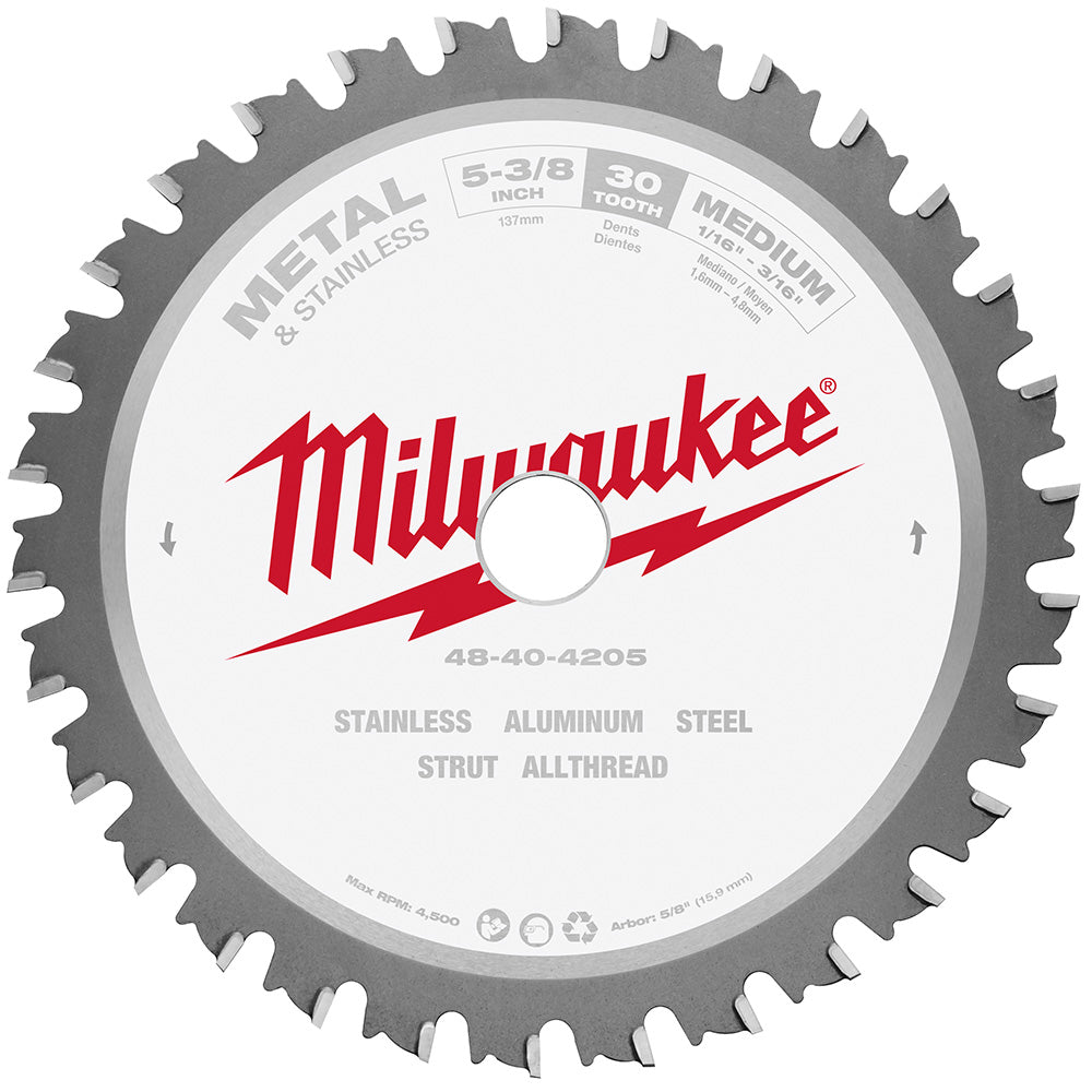 Milwaukee 5-3/8 inch circular saw blade with 30 teeth, medium finish, for cutting metal and stainless steel.