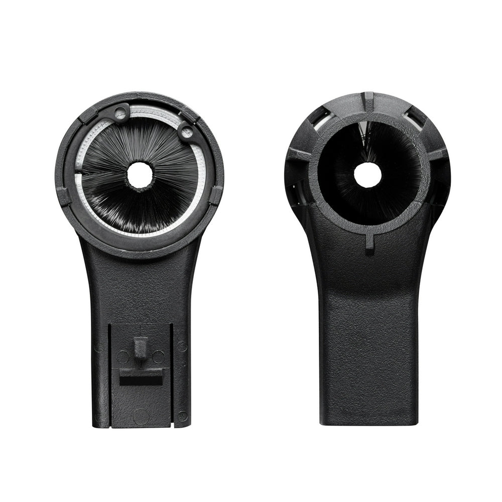 Black plastic dust extractor nozzle with circular brush head shown from front and back views.