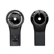 Black plastic dust extractor nozzle with circular brush head shown from front and back views.