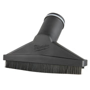 Black Milwaukee floor brush tool with angled head, cylindrical handle, and synthetic bristles along bottom edge.