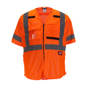 Orange safety vest with gray reflective stripes, front zip closure, and multiple pockets.