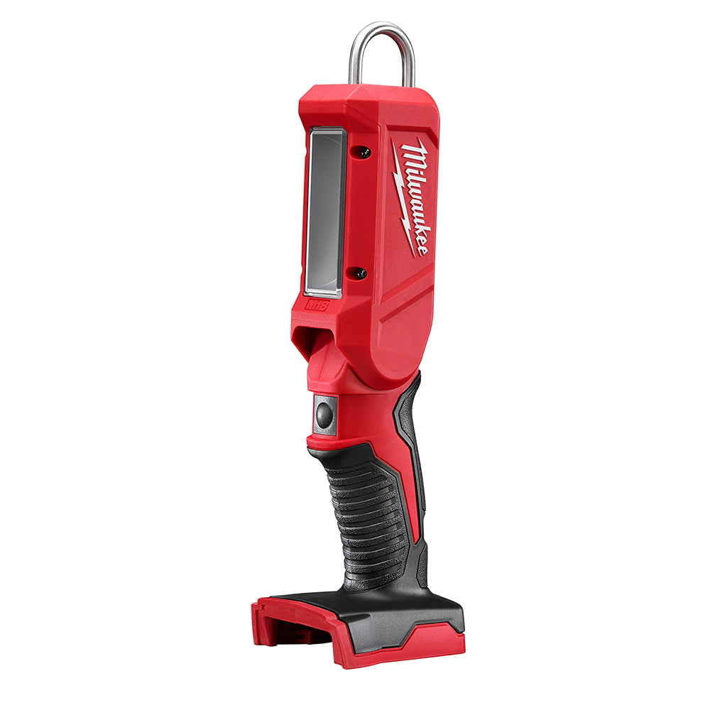 Red and black Milwaukee M18 LED stick light with metal hanging hook and textured grip handle.