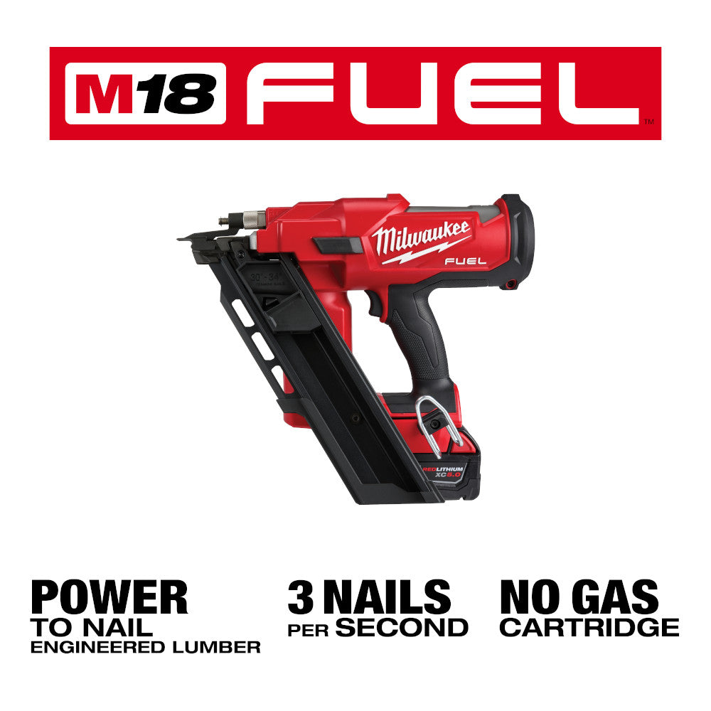 Red and black M18 FUEL cordless framing nailer with angled magazine and grip handle.