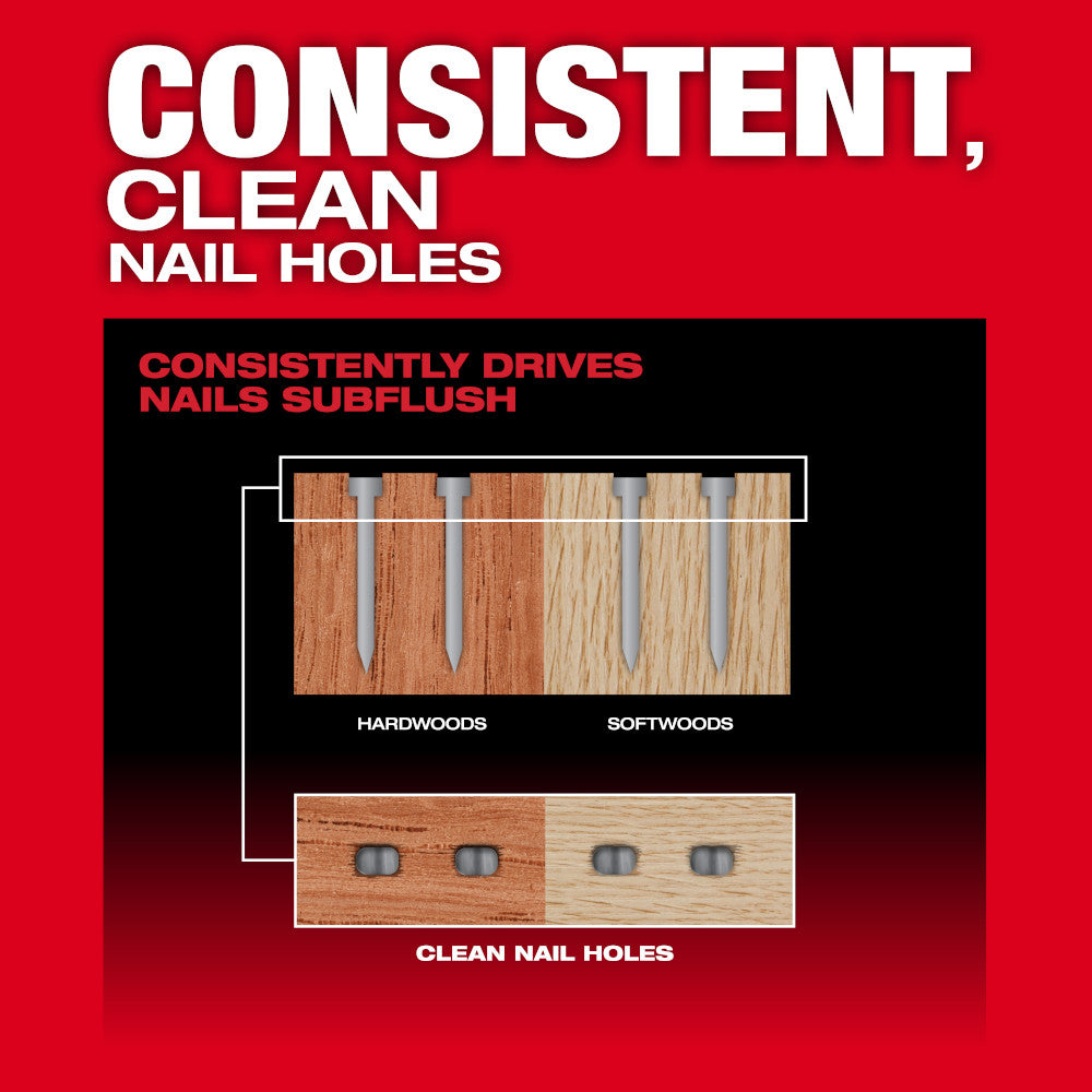 Diagram showing nail holes in hardwood and softwood with subflush drive results on red background.