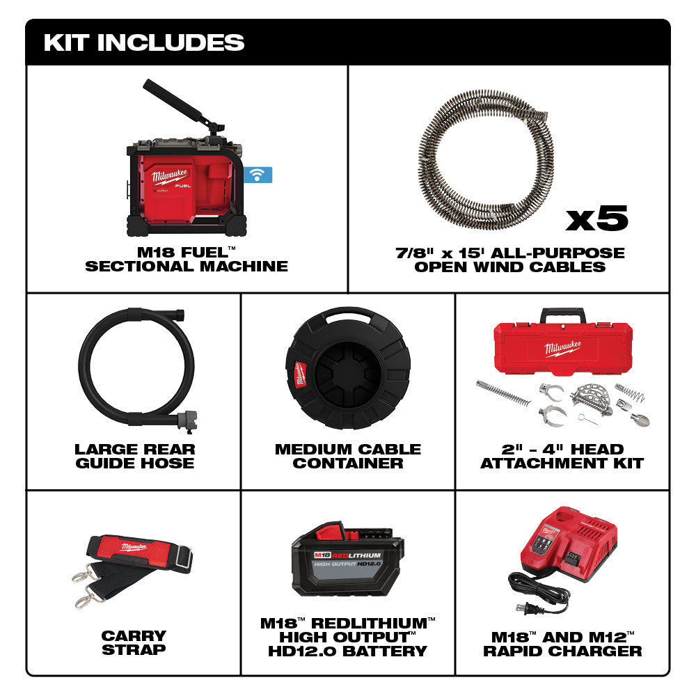 Milwaukee M18 FUEL sectional machine with red housing, cable spools, guide hose, container, attachments, battery, and charger