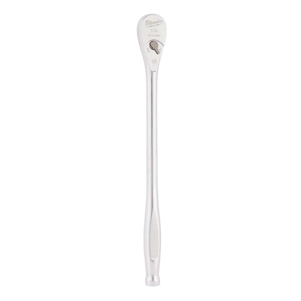 Milwaukee 3/8" drive 12" ratchet with chrome finish and directional switch at head.
