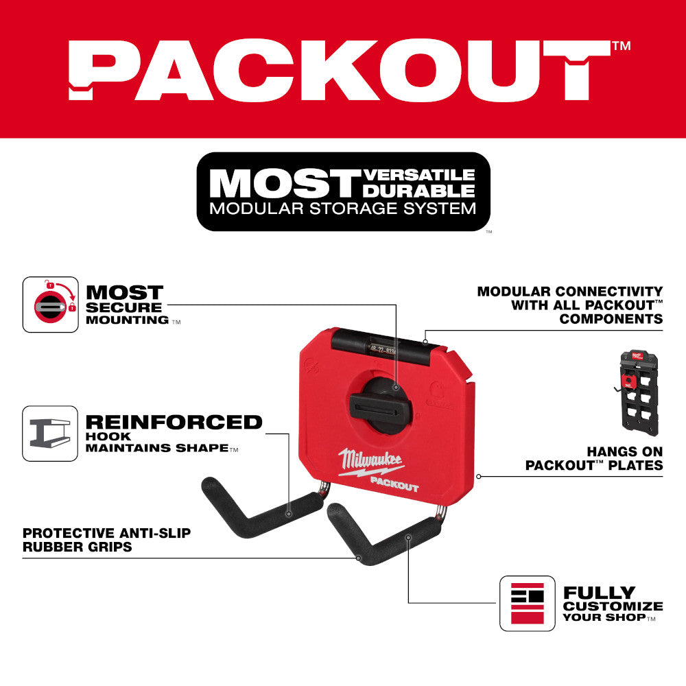 Red PACKOUT storage hook with two black curved hooks and rubber grips, designed for modular connectivity.