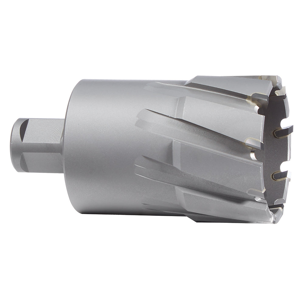 Silver cylindrical TCT annular cutter with carbide cutting teeth and square drive shank.