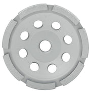 Gray diamond cup wheel with single row of diamond segments around edge and nine mounting holes arranged in circular pattern.