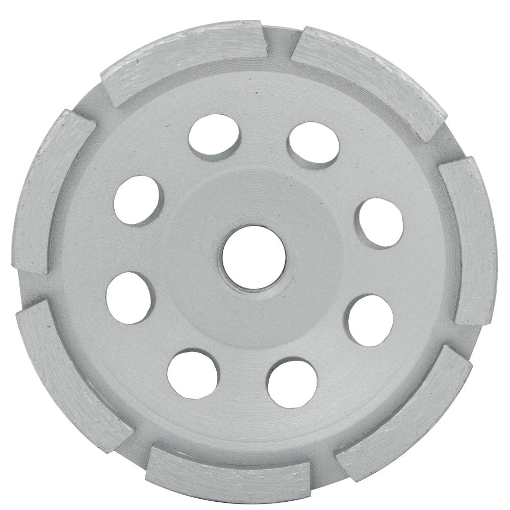 Gray diamond cup wheel with single row of diamond segments around edge and nine mounting holes arranged in circular pattern.