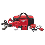 Red and black Milwaukee cable cutter tool kit with carrying bag, batteries, charger, and wireless remote control.