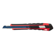 Milwaukee snap-off utility knife with red and black body, blue segmented blade, and black grip sections.