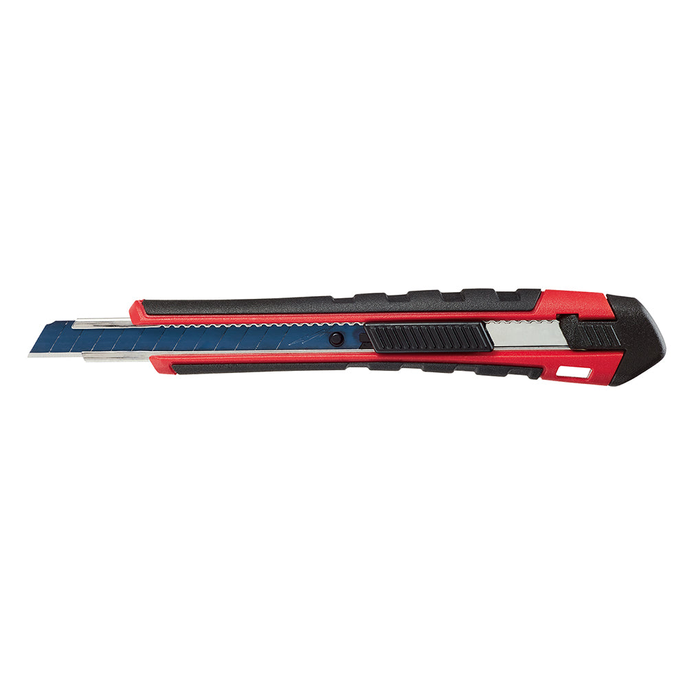 Milwaukee snap-off utility knife with red and black body, blue segmented blade, and black grip sections.