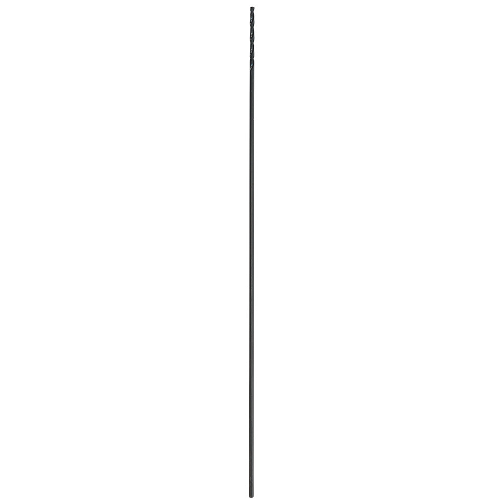 Black oxide aircraft length drill bit with pointed tip and cylindrical shaft.